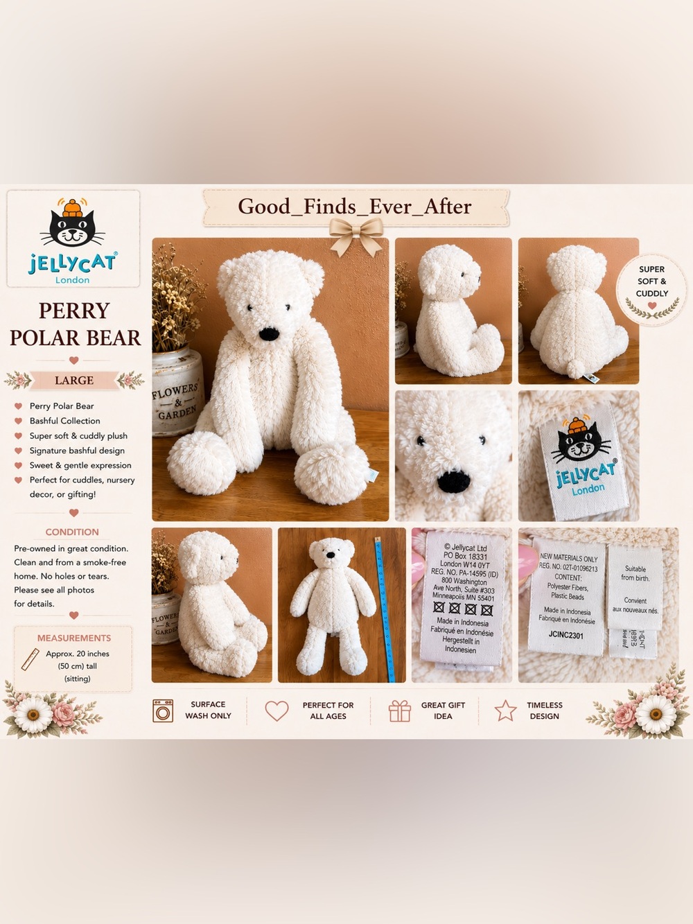 Jellycat London Bashful Perry Polar Bear Plush - Cream White, Retired